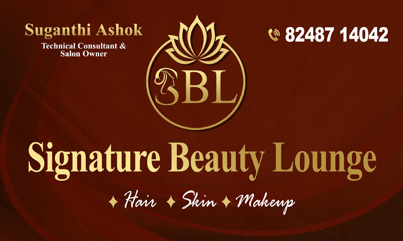 Signature Beauty Lounge visiting card with hair, skin and makeup services