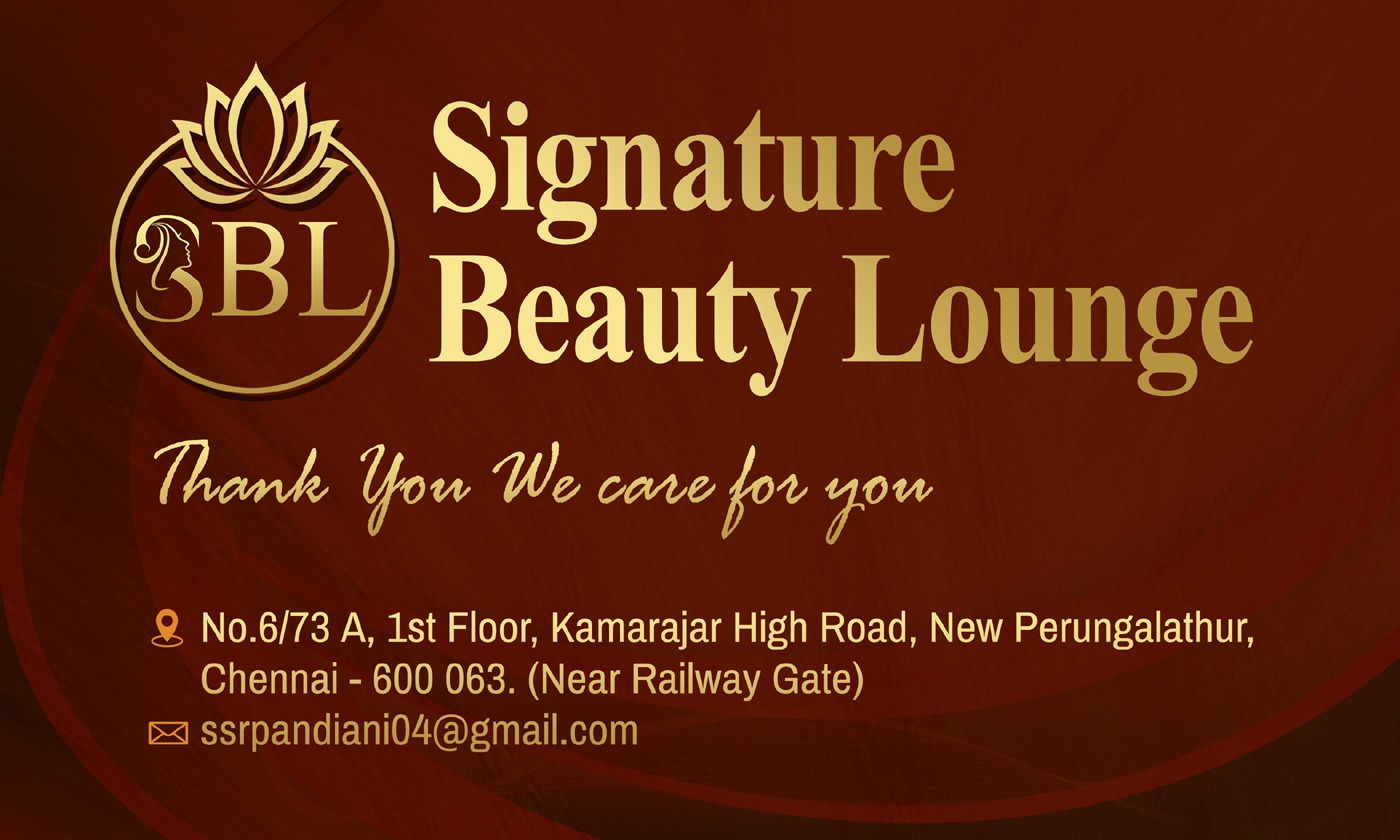 Signature Beauty Lounge card showing the salon address in New Perungalathur