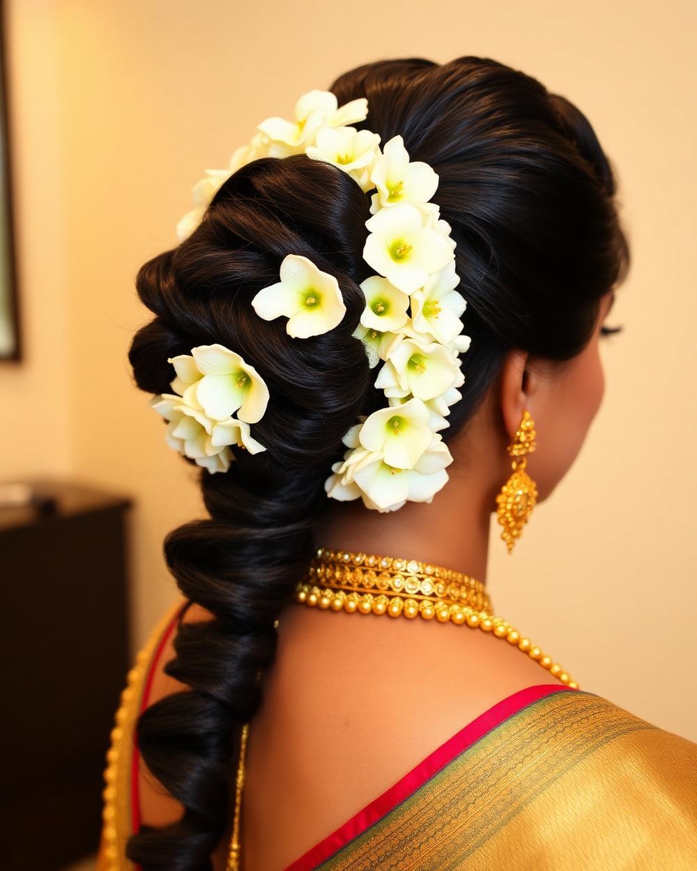 Traditional South Indian bridal hairstyle with jasmine flowers